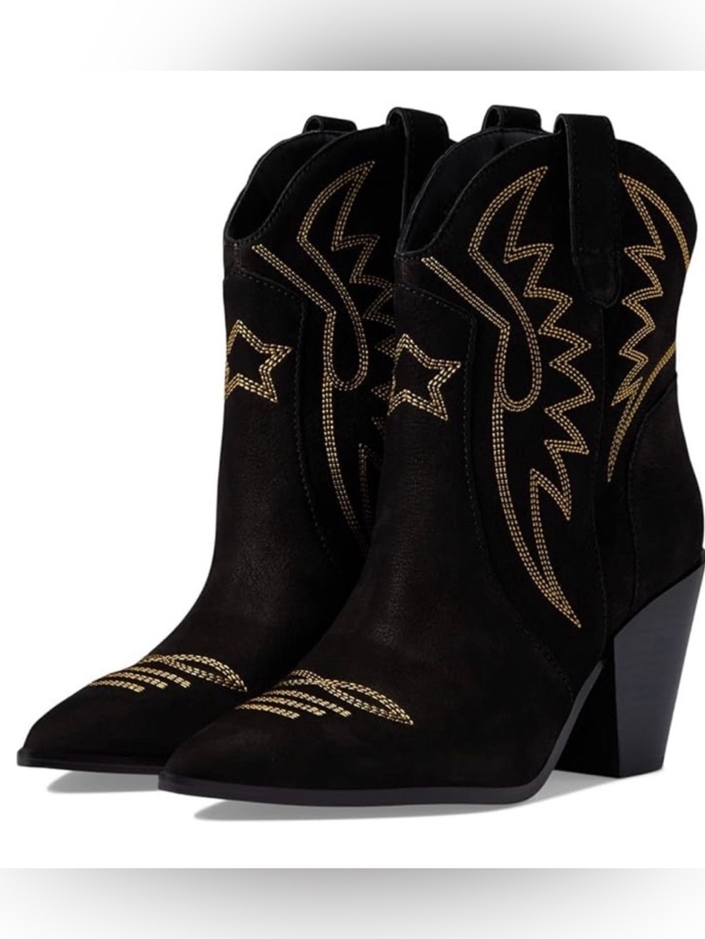 Dolce Vita Ginni Black Suede Western Heeled Ankle Boots with Gold Stitching